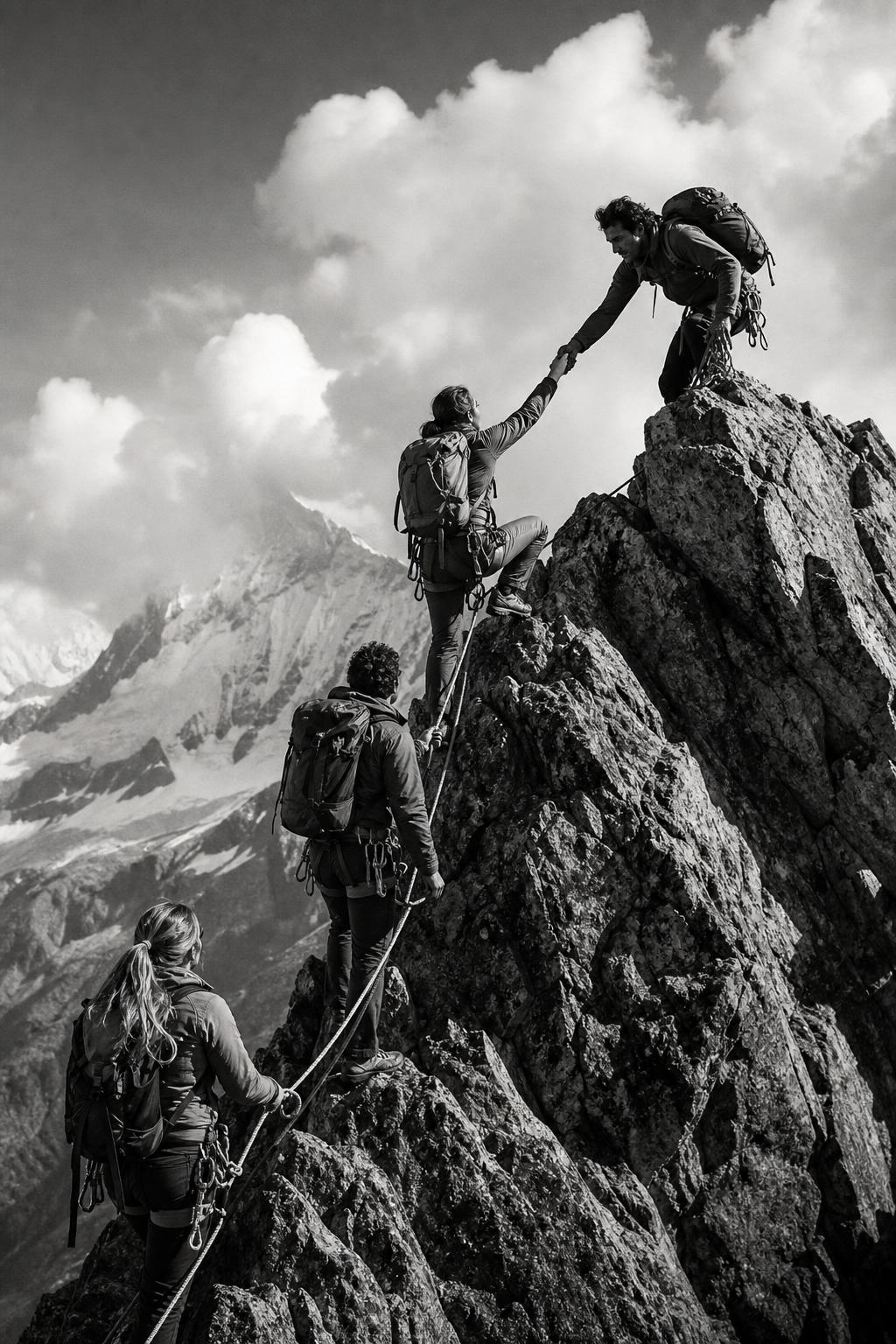 A climber reaching back to help a teammate up a mountain ridge